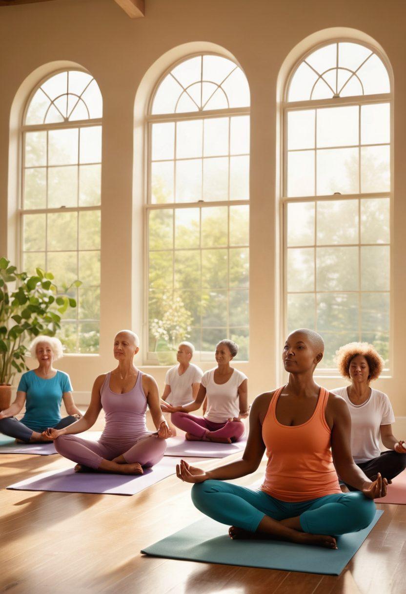 An uplifting scene depicting a diverse group of cancer patients in a bright, supportive environment, engaging in various wellness activities like yoga, meditation, and group therapy. Include symbols of hope, such as butterflies and flowers, with soft sunlight filtering through large windows. Showcase a balance of medical insights and personal stories through open books and stethoscopes placed around. super-realistic. vibrant colors. warm, inviting atmosphere.