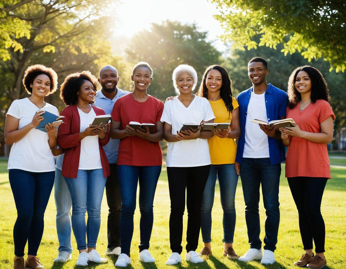 A diverse group of supportive individuals standing together with an empowered patient at the center, symbolizing strength in unity. Friends, family, and health advocates holding hands, with symbols of education like books and laptops in the background. Bright sunlight illuminating the scene, fostering a feeling of hope and encouragement. super-realistic. vibrant colors. outdoor setting.