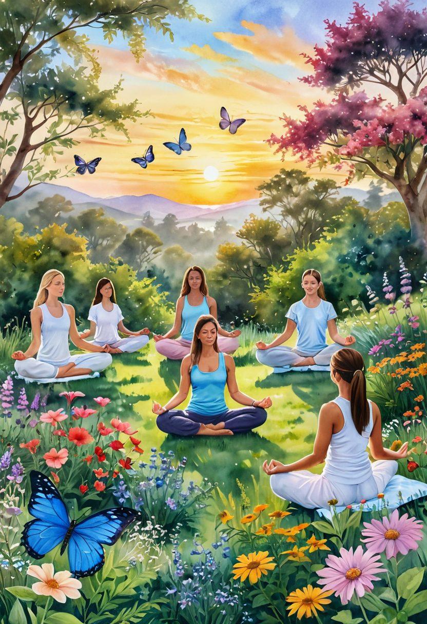 A serene landscape featuring a tranquil garden with a blend of healing herbs and vibrant flowers symbolizing holistic health. In the foreground, a diverse group of individuals engaging in mindful practices like yoga and meditation, radiating calmness and positivity. A sunrise in the background illuminating the scene, representing hope and renewal. Delicate butterflies fluttering around to symbolize transformation and healing. watercolor painting. soft pastel colors.